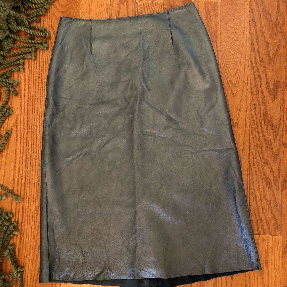BCBG MaxAzria metallic gray leather midi skirt